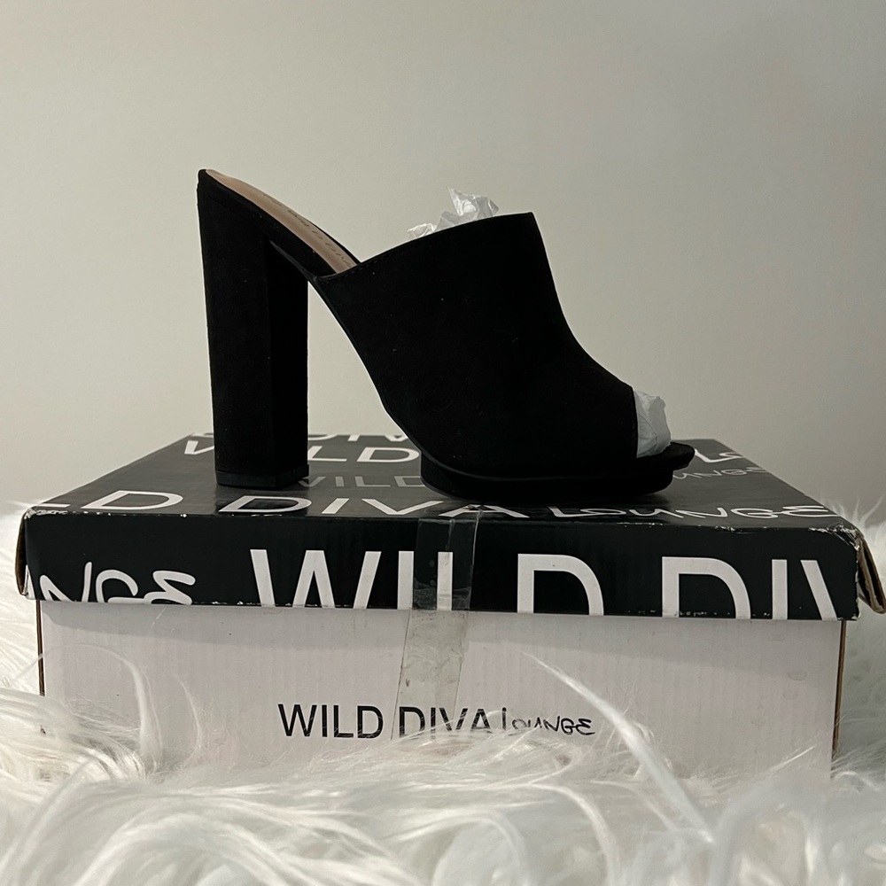 Wild Diva Black Suede High Block Heel Wedge Mule